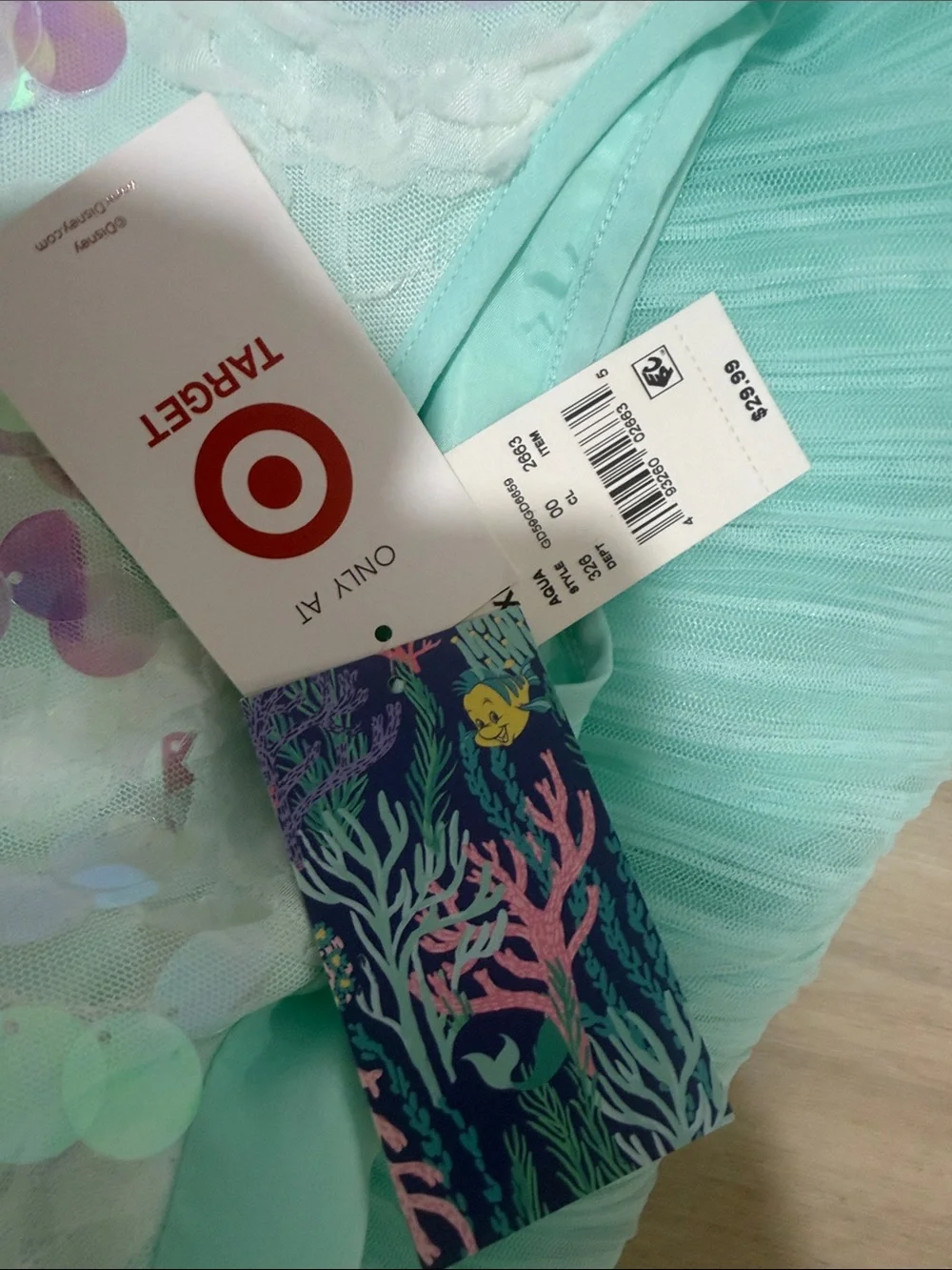 NWT- Disney new Girls' Light Aqua Sequin Bodice Party Dress Aqua color.